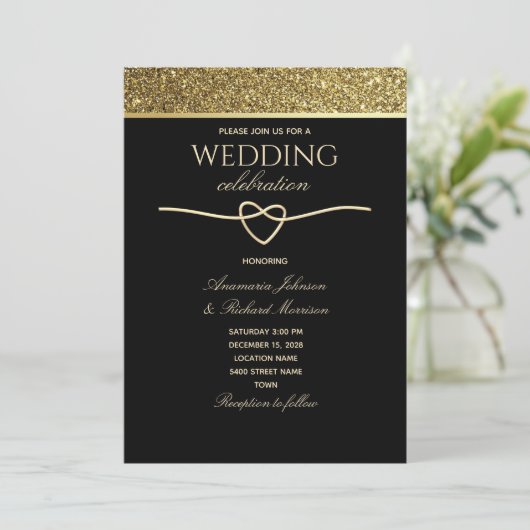 Elegant Black Gold Wedding Uitnodiging (Staand voorkant)