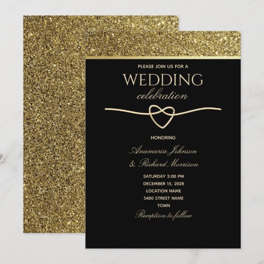 Elegant Black Gold Wedding Uitnodiging (Voorkant / Achterkant)