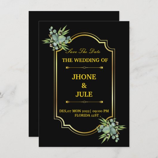 Elegant Black Gold Wedding Uitnodiging (Voorkant / Achterkant)