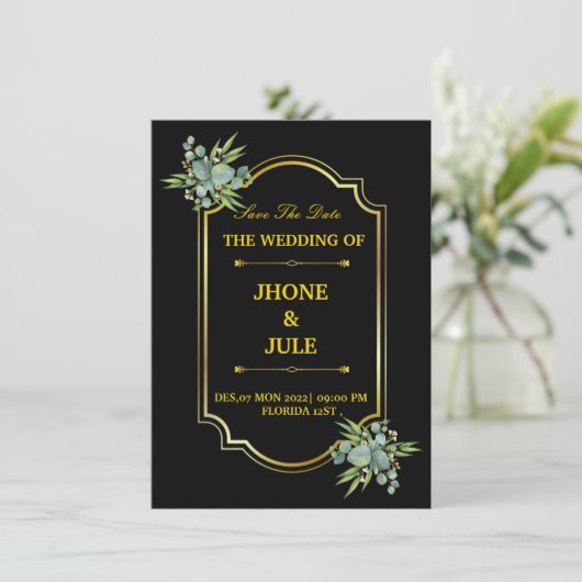 Elegant Black Gold Wedding Uitnodiging (Staand voorkant)