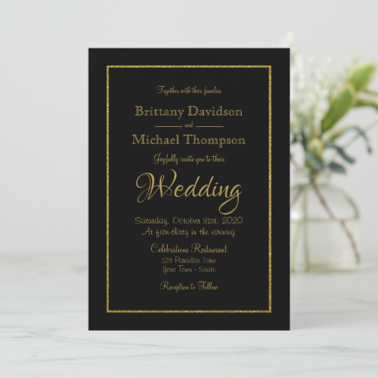 Elegant Black Gold Wedding Uitnodiging (Staand voorkant)