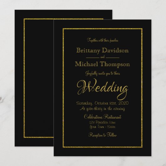 Elegant Black Gold Wedding Uitnodiging (Voorkant / Achterkant)