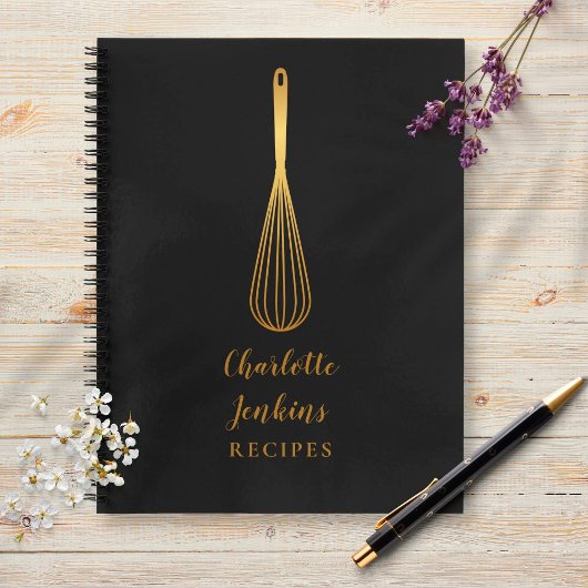 Elegant Black Gold Whisk Recipe Cookbook Script Notitieboek