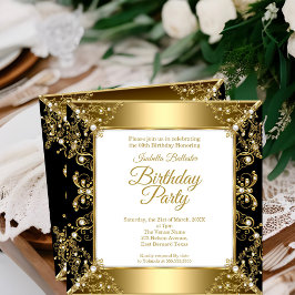 Elegant Black Gold White Pearl Birthday Party Kaart