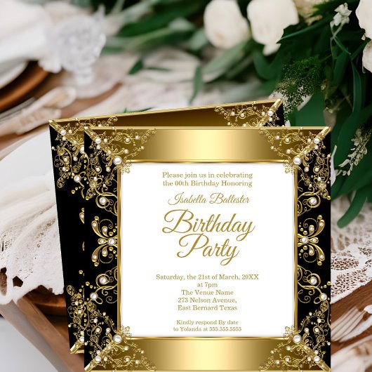 Elegant Black Gold White Pearl Birthday Party Kaart