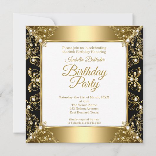 Elegant Black Gold White Pearl Birthday Party Kaart (Voorkant)