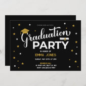 Elegant Black Gold White Stars Tassel Afstuderen Kaart (Voorkant / Achterkant)