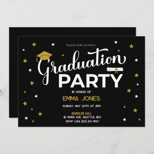 Elegant Black Gold White Stars Tassel Afstuderen Kaart (Voorkant / Achterkant)
