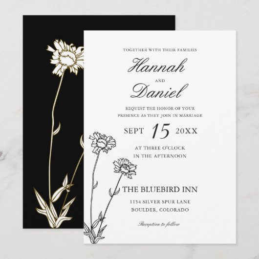 Elegant Black & Gold Wildflower Weddenation Kaart (Voorkant / Achterkant)
