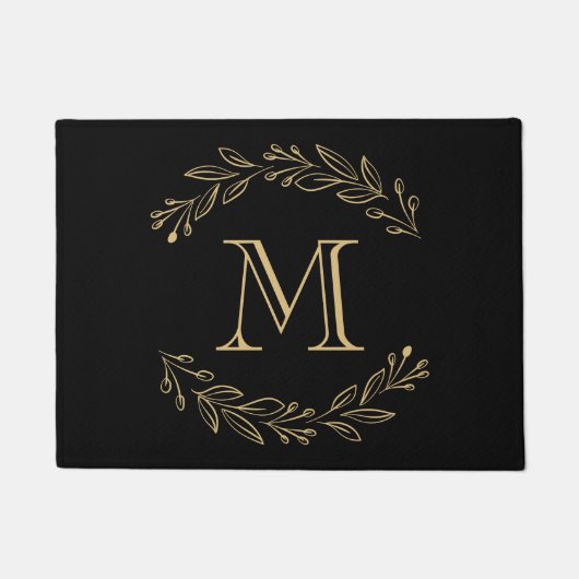 Elegant Black Gold Wreated Family Initiaal Monogra Deurmat (Voorkant)