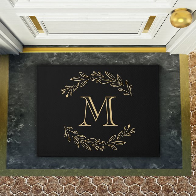 Elegant Black Gold Wreated Family Initiaal Monogra Deurmat (elegant black and gold monogram doormat)