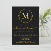 Elegant Black Gold Wreater Monogram House Warming Aankondiging (Staand voorkant)