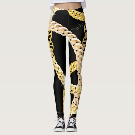 Elegant Black & Golden Chains Leggings (Voorkant)