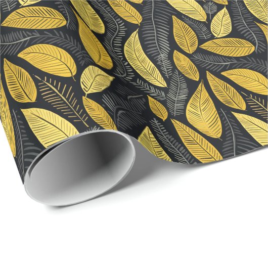 Elegant Black Golden & Grey Botanical Leaves Cadeaupapier (Rol Hoek)