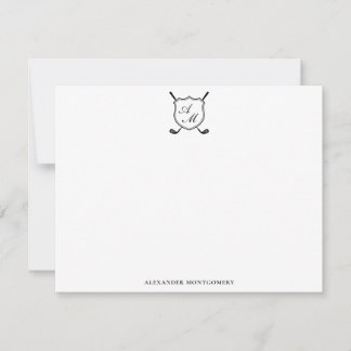 Elegant Black Golf Monogram Crest Flat Note Card Notitiekaartje