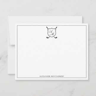 Elegant Black Golf Monogram Crest Flat Note Card Notitiekaartje