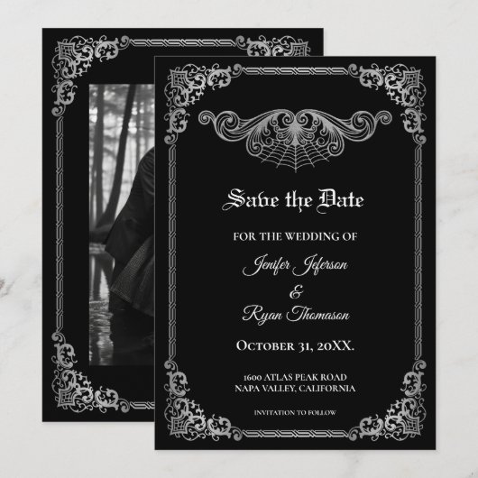 Elegant black Gothic wedding save the date Aankondiging (Voorkant / Achterkant)