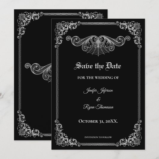 Elegant black Gothic wedding save the date Aankondiging (Voorkant / Achterkant)
