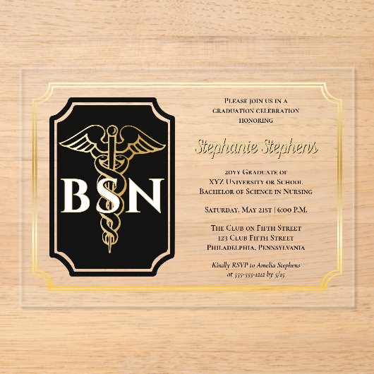 Elegant Black | Goudzuster BSN-graduatiepartij Acryl Uitnodigingen (Voorkant)