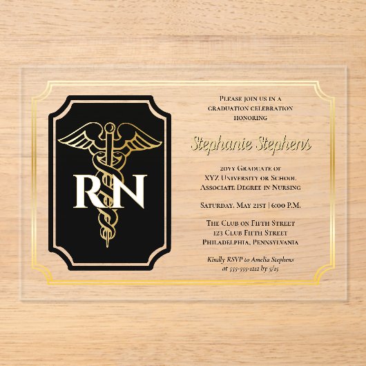 Elegant Black | Goudzuster RN GraduPartij Acryl Uitnodigingen (Voorkant)