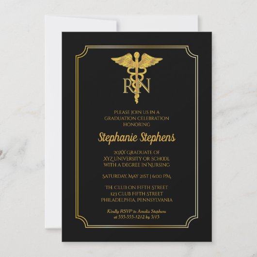 Elegant Black | Goudzuster RN GraduPartij Kaart (Voorkant)
