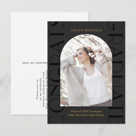 Elegant Black Graduation Party Photo Invitation Aankondigingskaart (Voorkant / Achterkant)