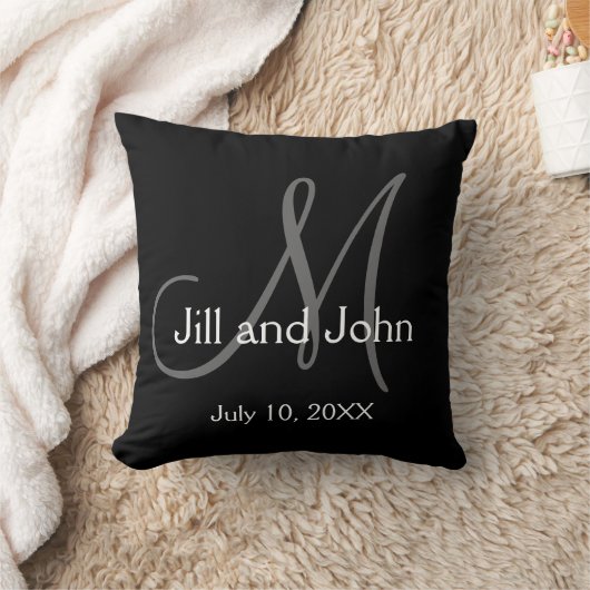 Elegant Black Gray Monogram Wedding Keepslag Kussen (Deken)