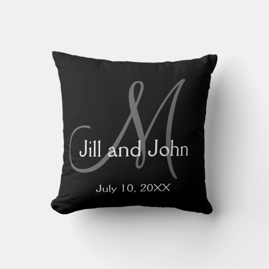 Elegant Black Gray Monogram Wedding Keepslag Kussen (Voorkant)