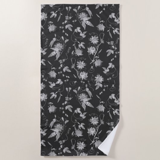 Elegant Black Gray Passion Flowers Pattern Strandlaken (Voorkant)