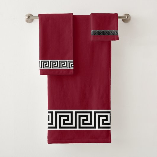 Elegant Black Greek Pattern over Burgundy Bath Tow Bad Handdoek (Insitu)