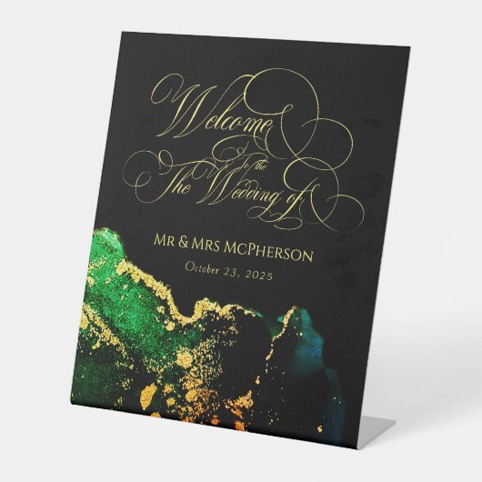 Elegant Black Green Gold Calligraphy Wedding Reclamebord Met Voetstuk (Voorkant)