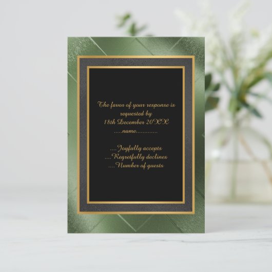 ELEGANT BLACK GREEN GOLD EMBOSSED CUSTOM RSVP (Staand voorkant)