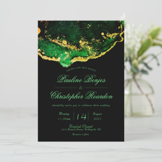 Elegant Black Green Gold Wedding Kaart (Staand voorkant)