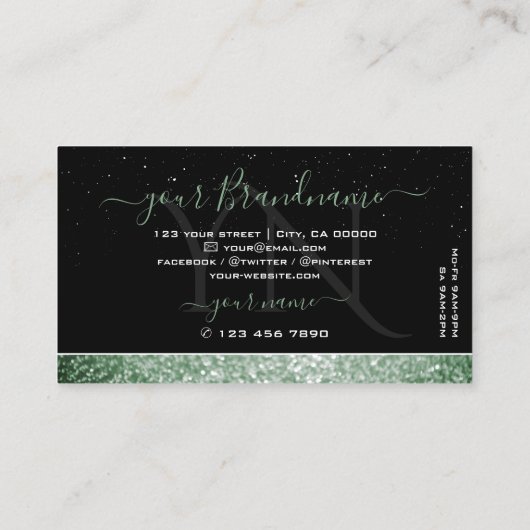 Elegant Black Green Sparkle Glitter met monogram Visitekaartje (Achterkant)