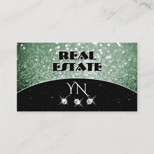 Elegant Black Green Sparkle Glitter met monogram Visitekaartje (Voorkant)