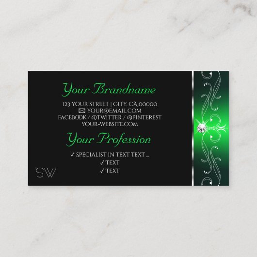 Elegant Black Green  Sparkle Jewels Initialen Visitekaartje (Achterkant)
