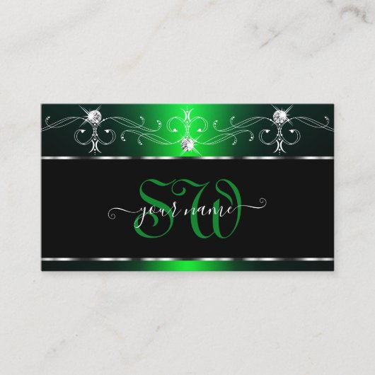 Elegant Black Green  Sparkle Jewels Monogram Visitekaartje (Voorkant)