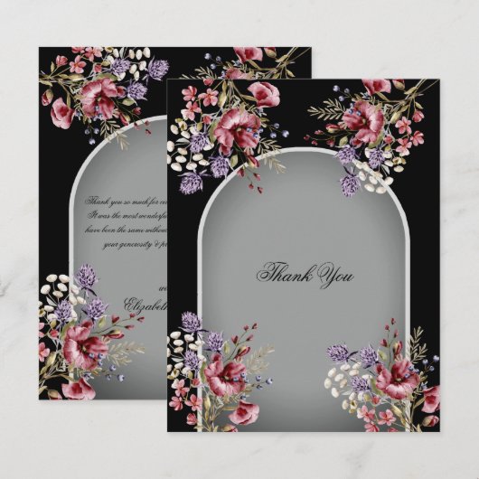 Elegant Black Grey Beauful Floral Hartelijk dank Bedankkaart (Voorkant / Achterkant)