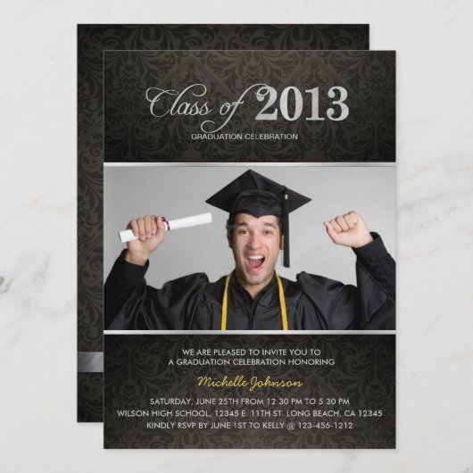 Elegant Black & Grey Damask met Silver Afstuderen Kaart (Voorkant / Achterkant)