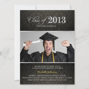 Elegant Black & Grey Damask met Silver Afstuderen Kaart