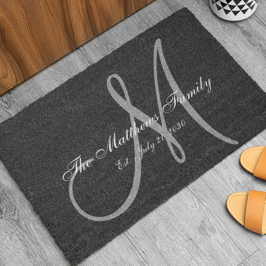 Elegant Black Grey Monogram Name Passen getrouwd W Deurmat