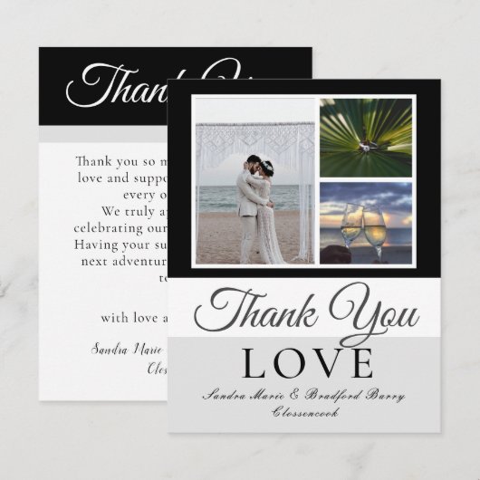 Elegant Black Grey Script Weduwfoto collage Bedankkaart (Voorkant / Achterkant)