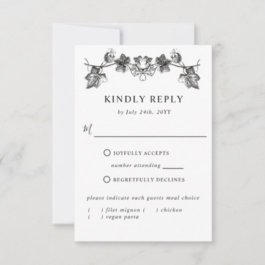 Elegant Black Hand Drawn Floral RSVP met maaltijde (Voorkant)