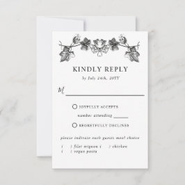 Elegant Black Hand Drawn Floral RSVP met maaltijde