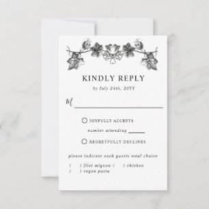 Elegant Black Hand Drawn Floral RSVP met maaltijde