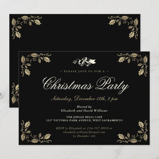 Elegant Black Holly Bells kerstfeestdag Kaart (Voorkant / Achterkant)