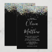 Elegant Black Holographic Glitter Wedding Kaart (Voorkant / Achterkant)