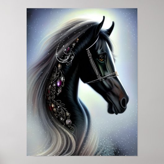 Elegant Black Horse Equine Fantasy Art Poster (Voorkant)