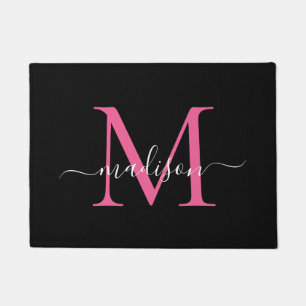 Elegant Black Hot Pink aangepaste monogram-naam Deurmat