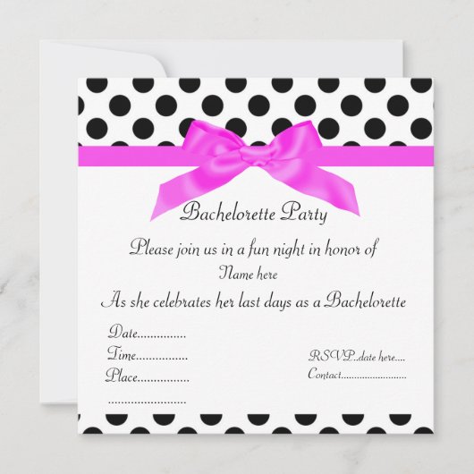 ELEGANT BLACK & HOT PINK DOT BACHELORETTE INVITE KAART (Voorkant)